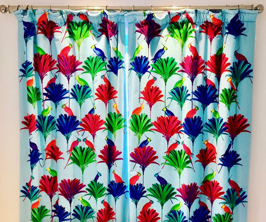 cockatiels blue curtains corita rose handmade england