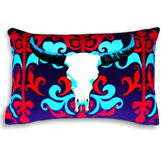 Longhorn Blue Velvet Cushion – Corita Rose | Handmade in England