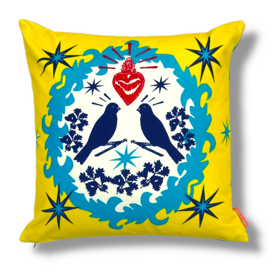 Hoop & Bird Yellow & Turquoise Velvet Cushion – Corita Rose | Handmade in England