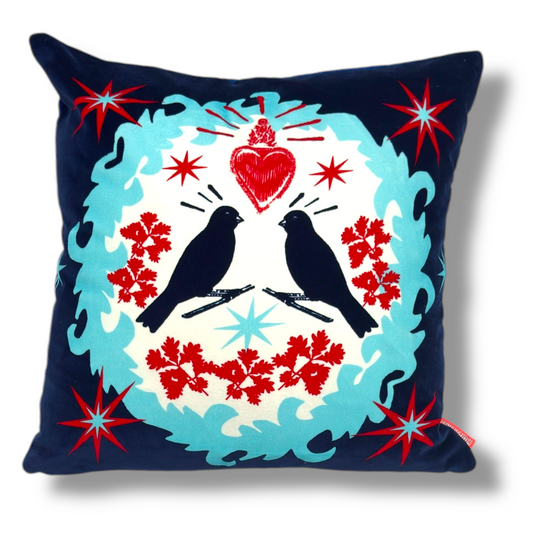 Hoop & Bird Blue Velvet Cushion – Corita Rose | Handmade in England