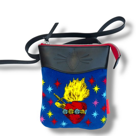 flaming heart cross body bag corita rose handmade england