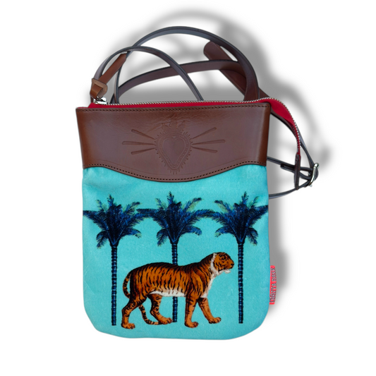 tiger blue cross body bag corita rose handmade england