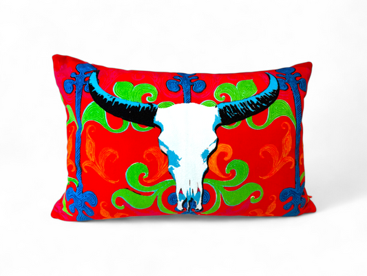 Longhorn Red Velvet Cushion – Corita Rose | Handmade in England