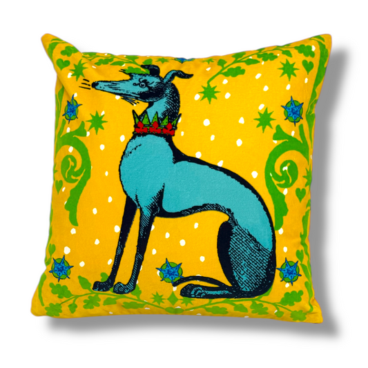 Hound Blue & Yellow Velvet Cushion – Corita Rose | Handmade in England