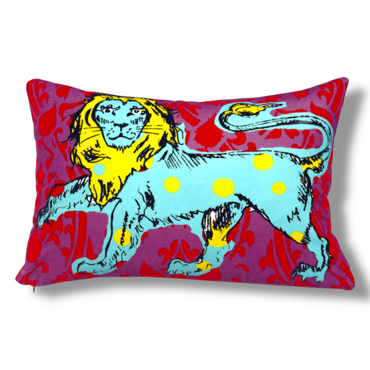 Spotty Lion Blue & Purple Velvet Cushion – Corita Rose | Handmade in England