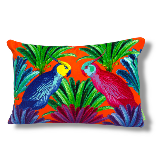 Cockatiels Orange Velvet Cushion – Corita Rose | Handmade in England