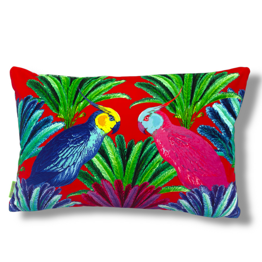 Cockatiels Red Velvet Cushion – Corita Rose | Handmade in England