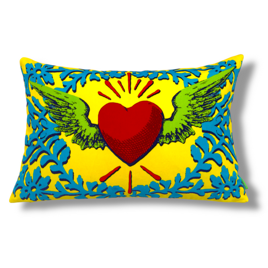 Flying Heart Yellow Velvet Cushion – Corita Rose | Handmade in England