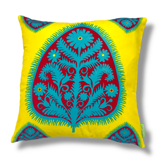 Gypsy Leaf Yellow Velvet Cushion – Corita Rose | Handmade in England