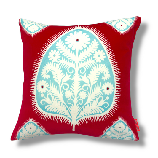 Gypsy Leaf Red Velvet Cushion – Corita Rose | Handmade in England