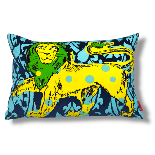 Spotty Lion Yellow & Blue Velvet Cushion – Corita Rose | Handmade in England