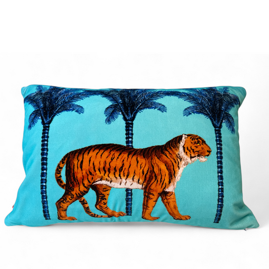 Tiger Blue Velvet Cushion – Corita Rose | Handmade in England