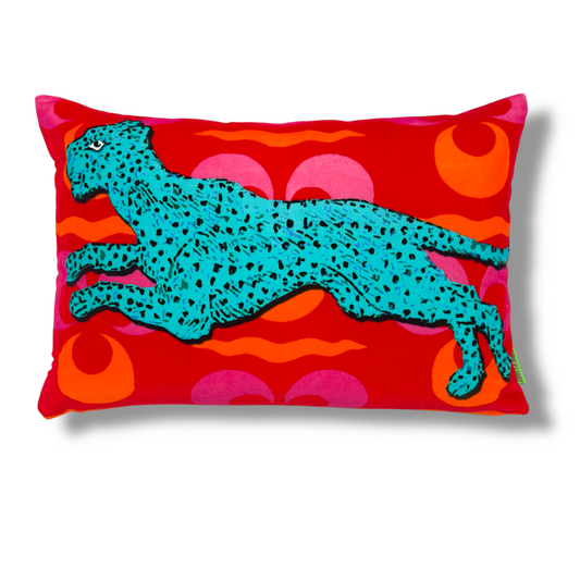 Running Panther Turquoise Velvet Cushion – Corita Rose | Handmade in England