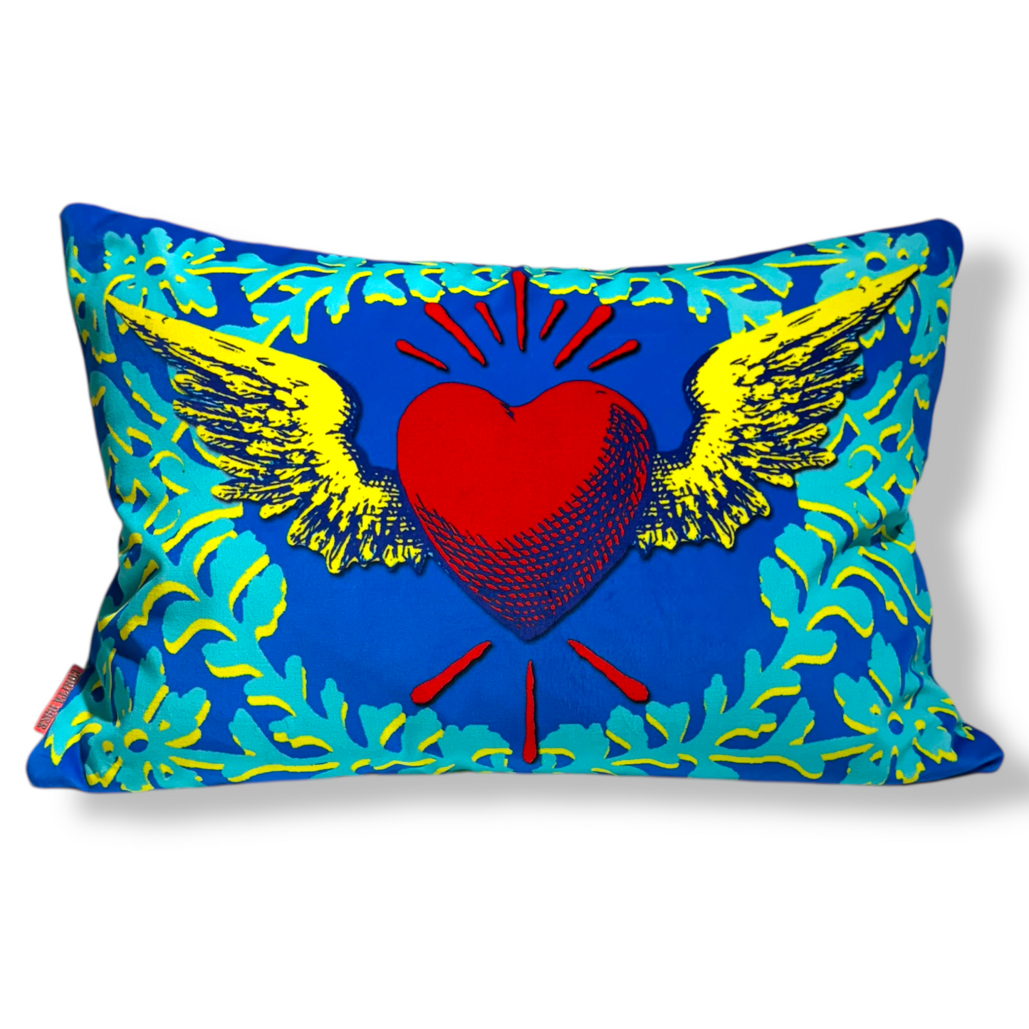 Flying Heart Blue & Red Velvet Cushion – Corita Rose | Handmade in England