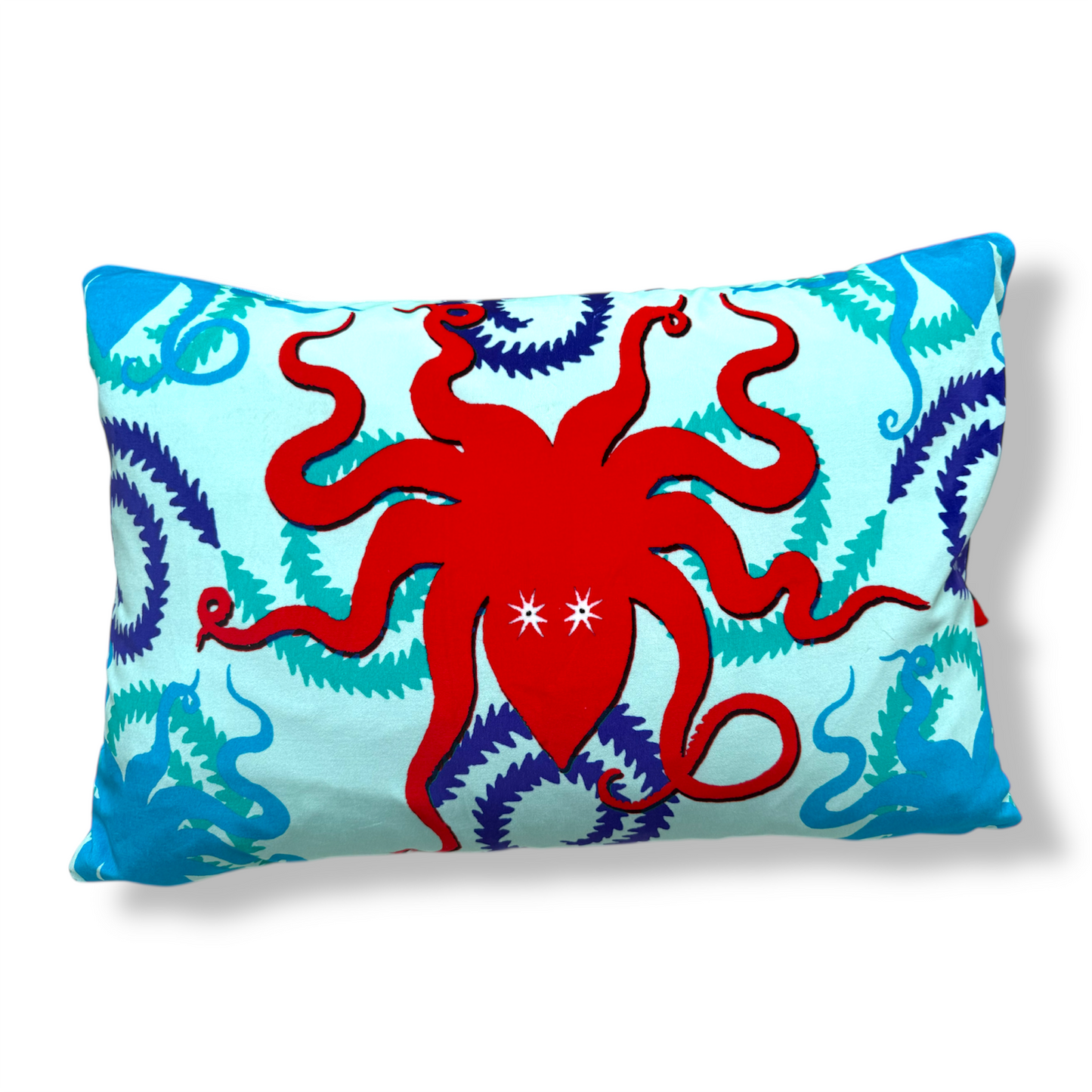Octopussy Light Blue Velvet Cushion – Corita Rose | Handmade in England