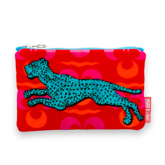 running panther turquoise velvet clutch bag corita rose handmade england