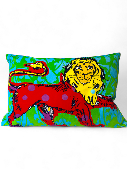 Spotty Lion Red Velvet Cushion – Corita Rose | Handmade in England
